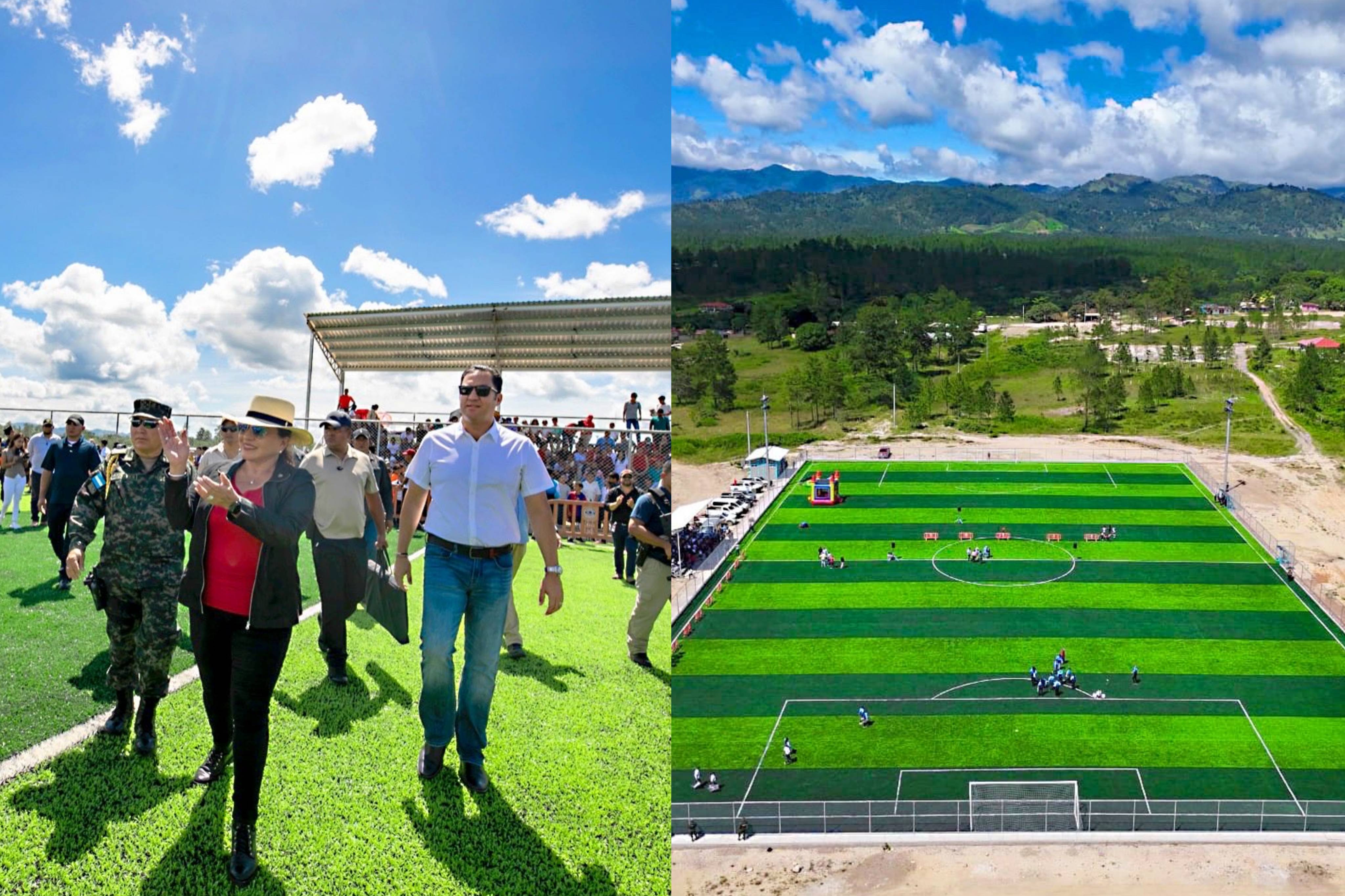 Presidenta Xiomara Castro supervisa construcción de moderna cancha de fútbol número 89 en Dulce Nombre de Culmí, Olancho
